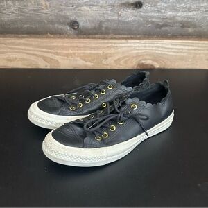 Converse All Star Low Ox Womens Sneakers Black Leather Gold-Egret Shoes Size 7